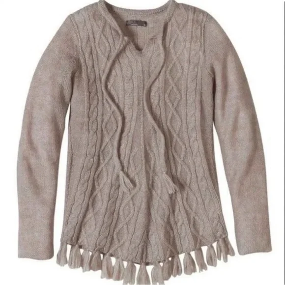 Prana Shelby Gray Cable Knit Fringe Wool Blend Sweater Tie Poncho Soft Small - Picture 5 of 10